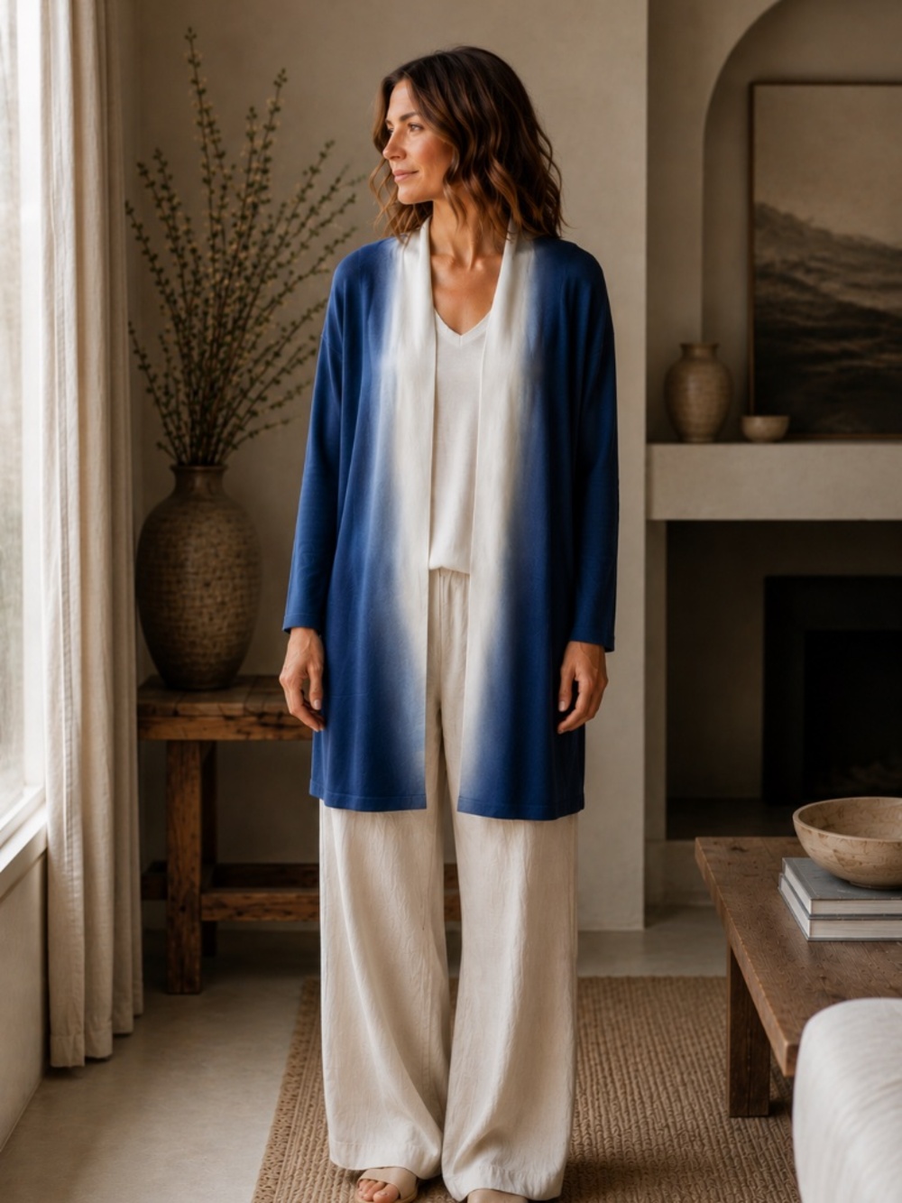 Bylyse Blue White Ombré Cotton Modal Cardigan Sweater Large